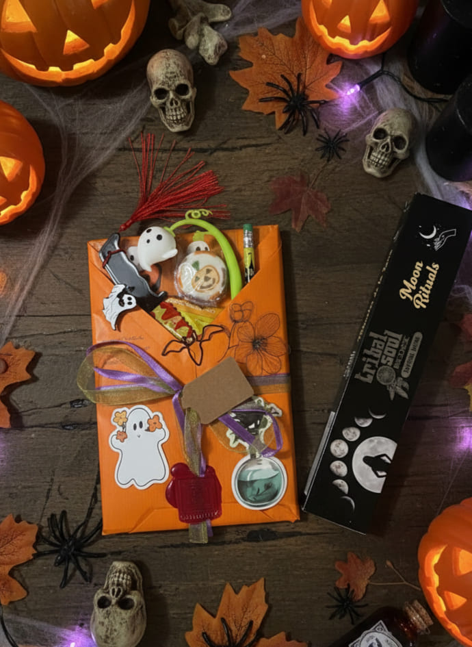 Idee regalo Halloween per lettori: tre pacchetti che nascondono un libro a sorpresa, accompagnati da piccoli omaggi che richiamano l'atmosfera della festa.